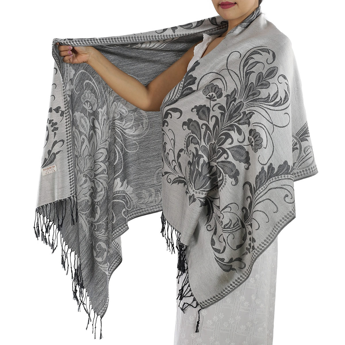 Patterned Silver Pashmina